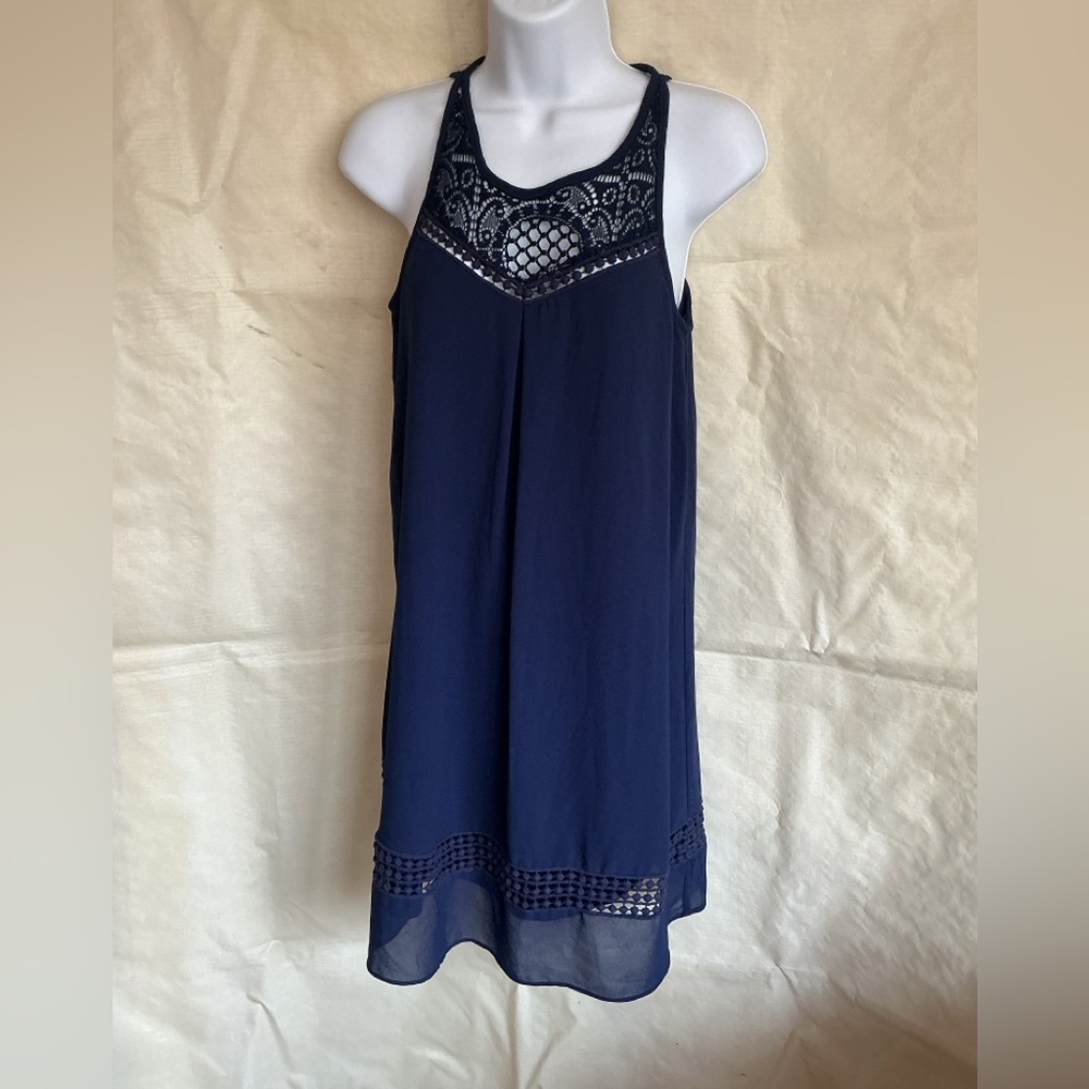 Iz Byer Navy Lace Yoke Sleeveless Dress